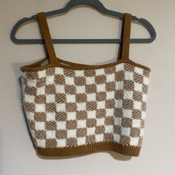 Hazel Moon Brown Cream Checkered Fuzzy Soft Cami Crop Top, Size Medium - Picture 7 of 10
